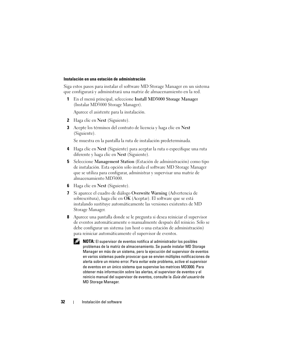 Instalación en una estación de administración | Dell PowerVault MD3000 User Manual | Page 32 / 54