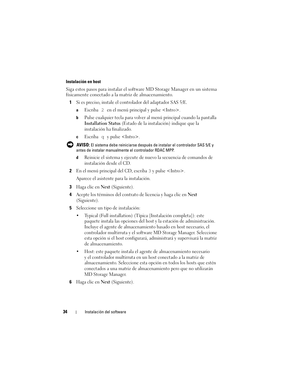 Instalación en host | Dell PowerVault MD3000 User Manual | Page 34 / 54