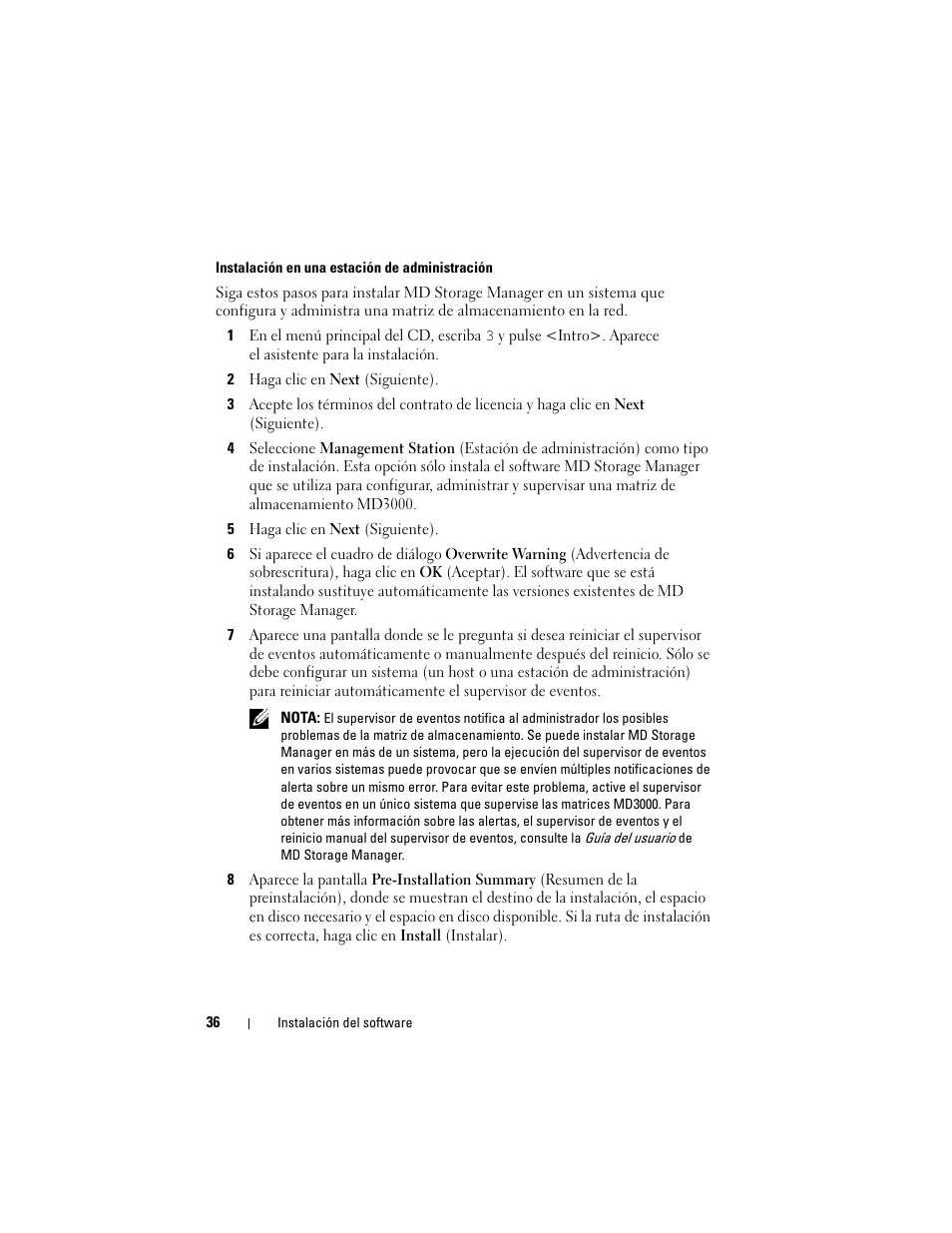 Instalación en una estación de administración | Dell PowerVault MD3000 User Manual | Page 36 / 54