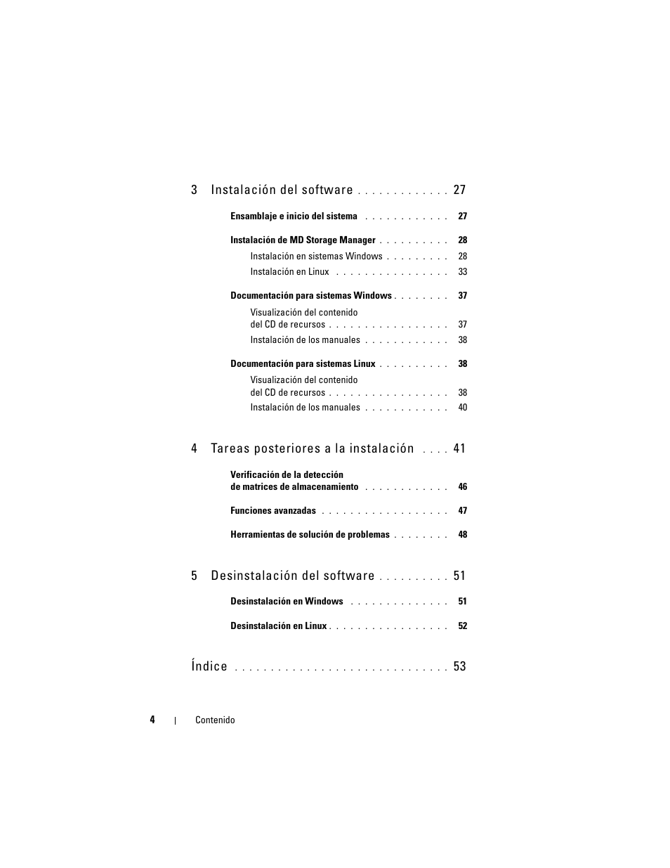 3 instalación del software, 4 tareas posteriores a la instalación, 5 desinstalación del software | Índice | Dell PowerVault MD3000 User Manual | Page 4 / 54