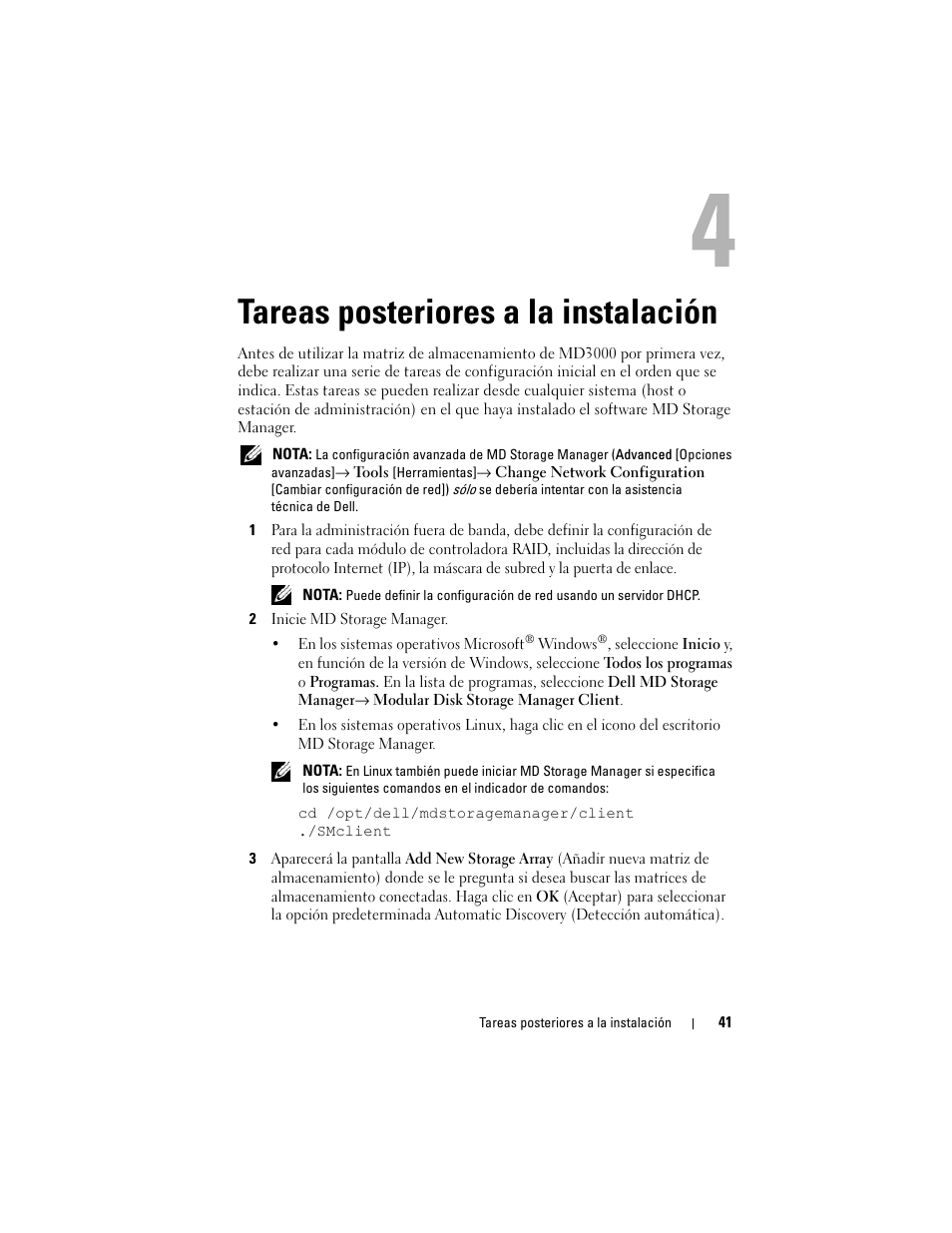 Tareas posteriores a la instalación | Dell PowerVault MD3000 User Manual | Page 41 / 54