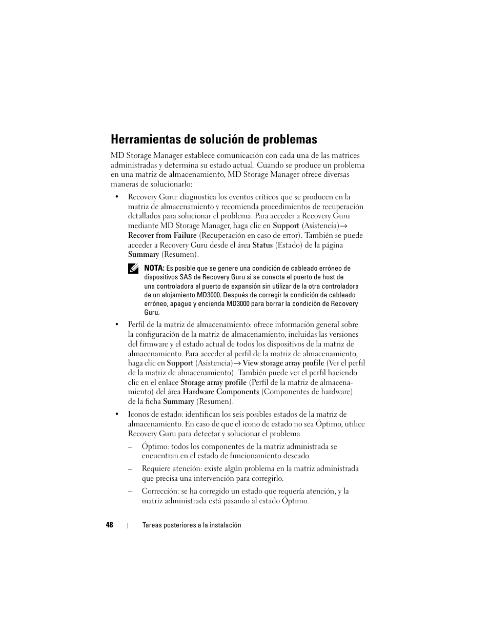 Herramientas de solución de problemas | Dell PowerVault MD3000 User Manual | Page 48 / 54