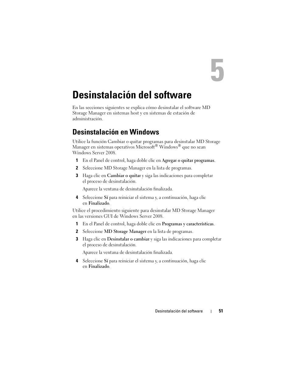 Desinstalación del software, Desinstalación en windows | Dell PowerVault MD3000 User Manual | Page 51 / 54
