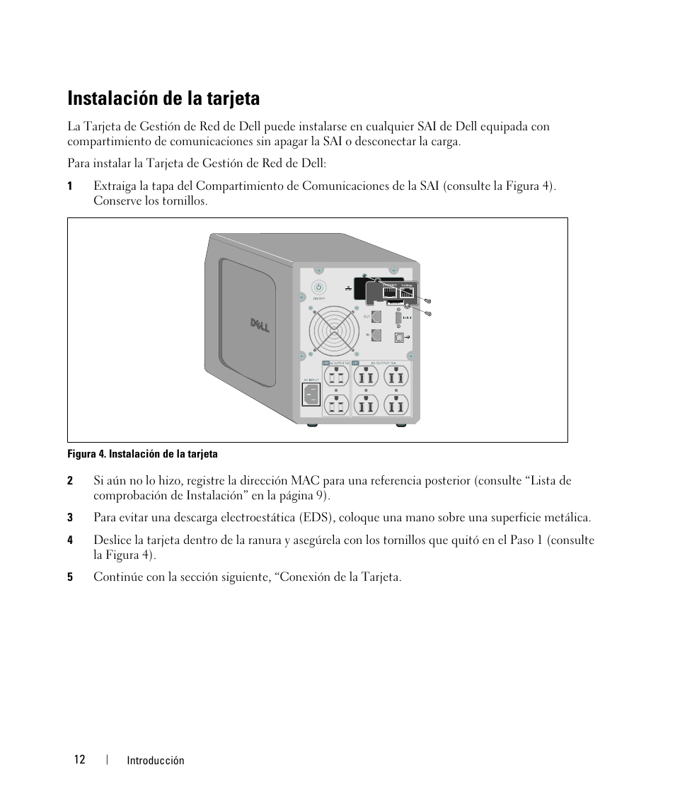 Instalación de la tarjeta | Dell UPS 3750R User Manual | Page 12 / 87