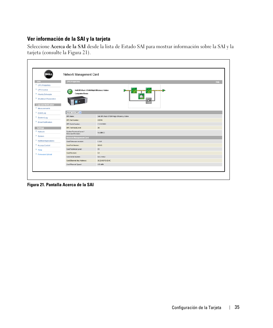 Ver información de la sai y la tarjeta | Dell UPS 3750R User Manual | Page 35 / 87