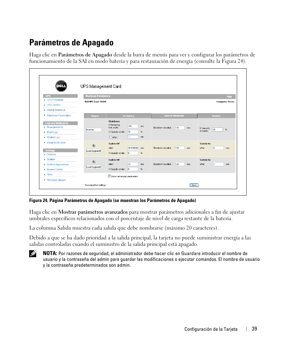 Parámetros de apagado | Dell UPS 3750R User Manual | Page 39 / 87