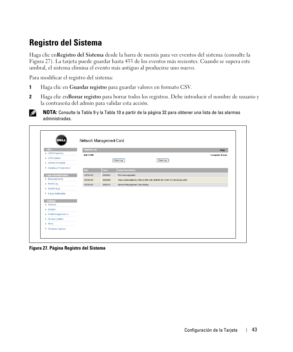 Registro del sistema | Dell UPS 3750R User Manual | Page 43 / 87