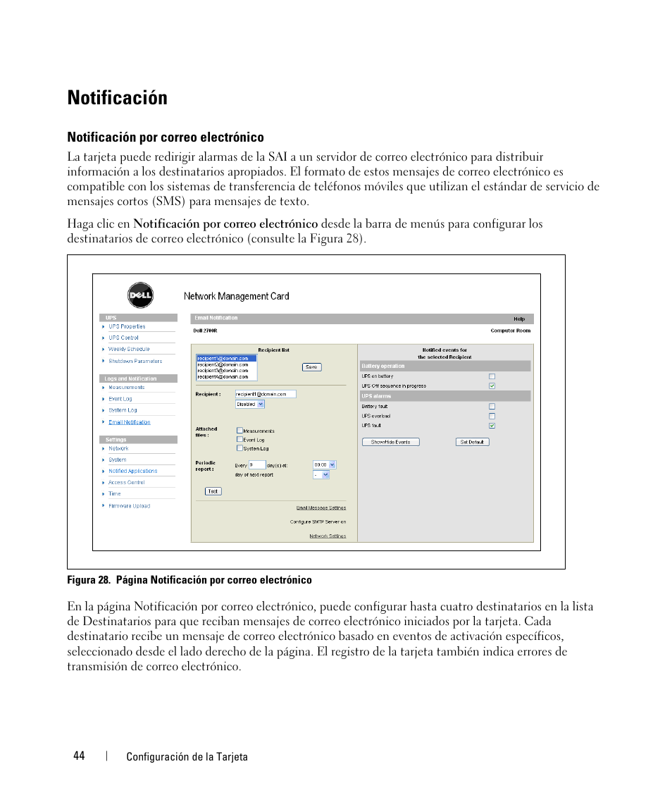 Notificación, Notificación por correo electrónico | Dell UPS 3750R User Manual | Page 44 / 87