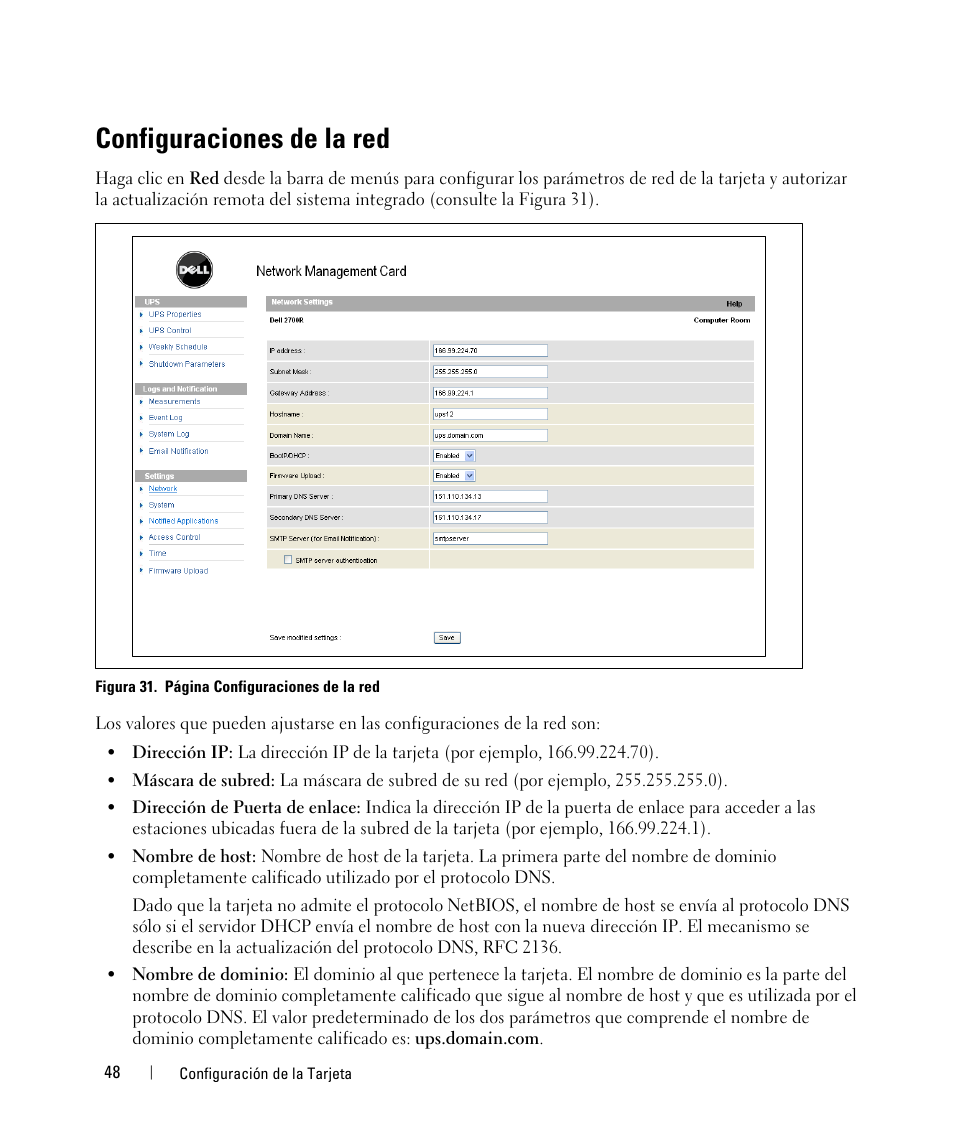 Configuraciones de la red | Dell UPS 3750R User Manual | Page 48 / 87