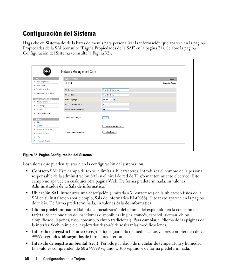 Configuración del sistema | Dell UPS 3750R User Manual | Page 50 / 87