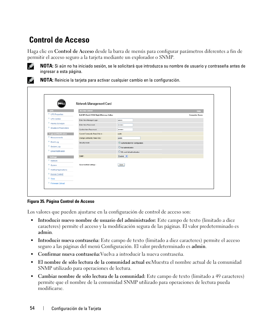 Control de acceso | Dell UPS 3750R User Manual | Page 54 / 87