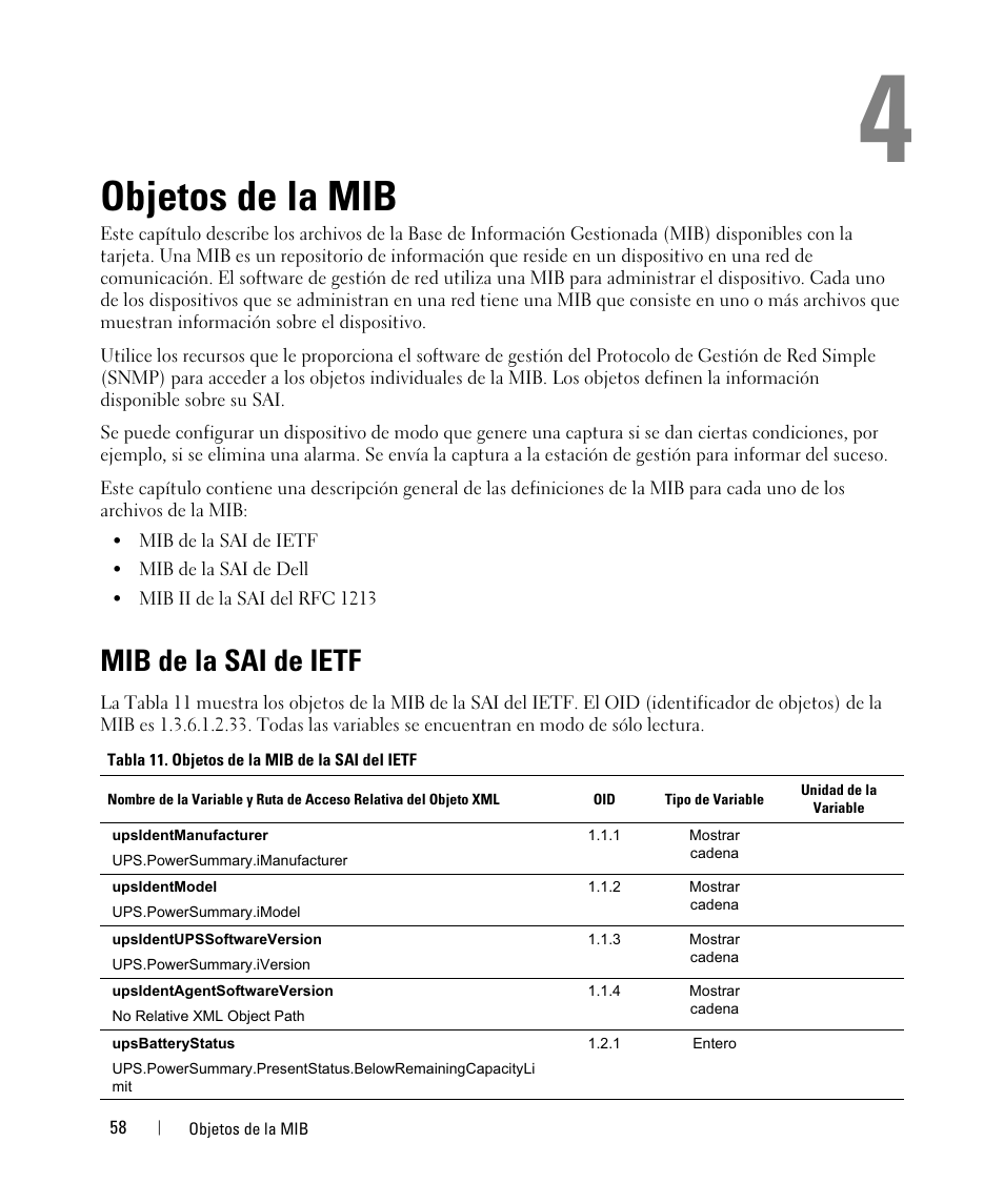 Objetos de la mib, Mib de la sai de ietf | Dell UPS 3750R User Manual | Page 58 / 87