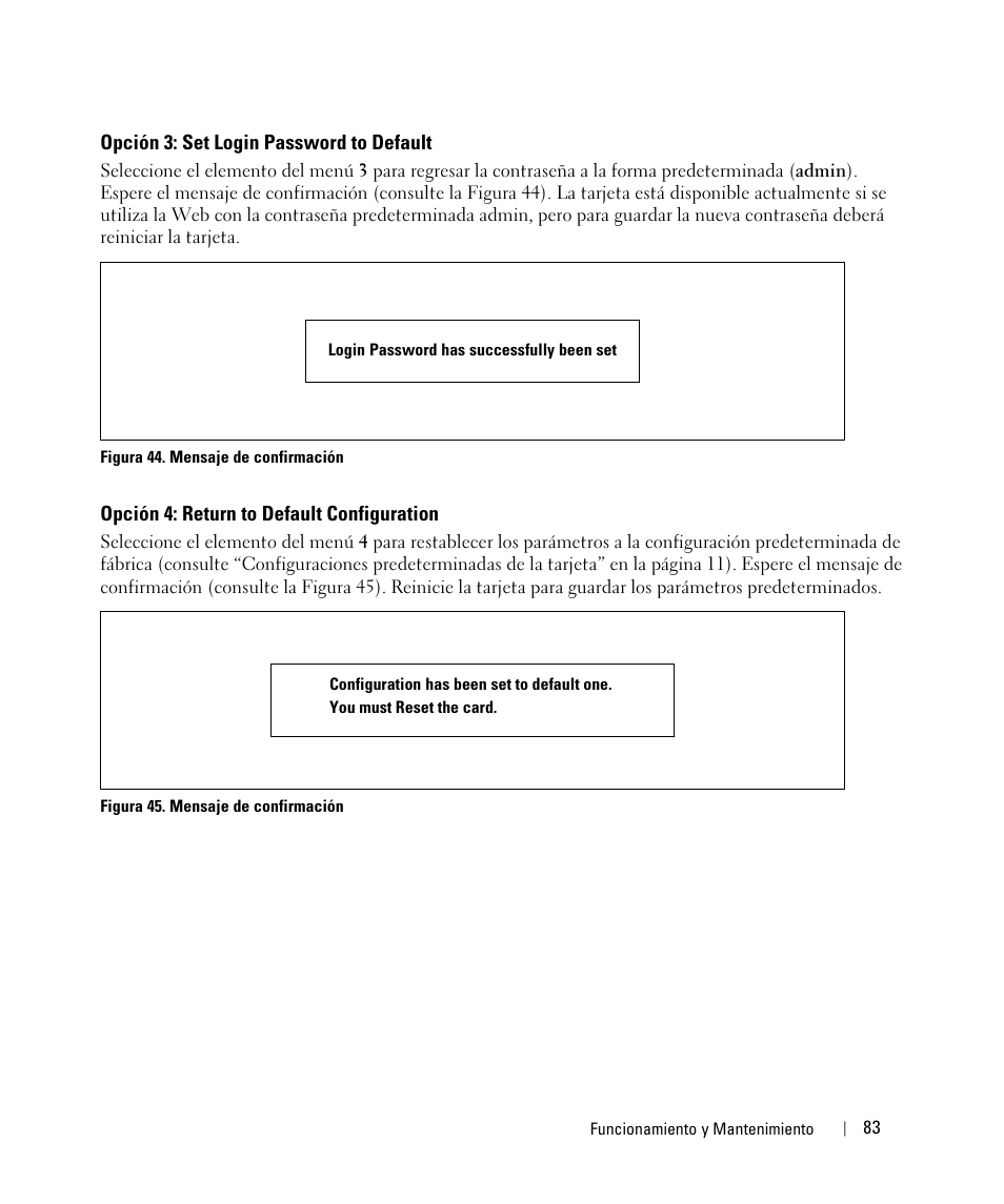 Opción 3: set login password to default, Opción 4: return to default configuration | Dell UPS 3750R User Manual | Page 83 / 87