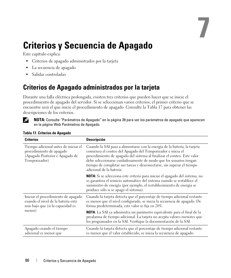 Criterios y secuencia de apagado, Criterios de apagado administrados por la tarjeta | Dell UPS 3750R User Manual | Page 86 / 87