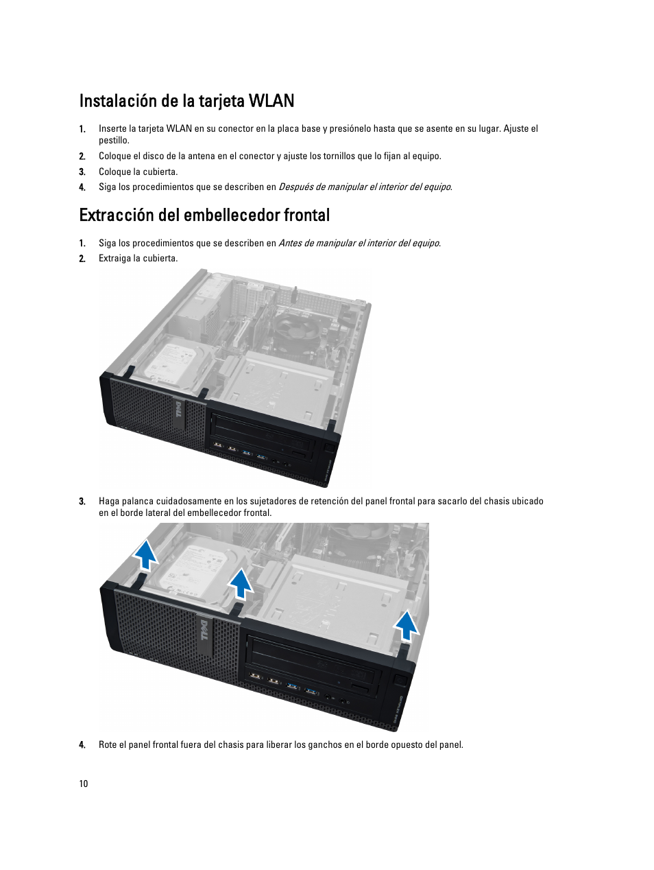 Instalación de la tarjeta wlan, Extracción del embellecedor frontal | Dell OptiPlex 7010 (Mid 2012) User Manual | Page 10 / 69