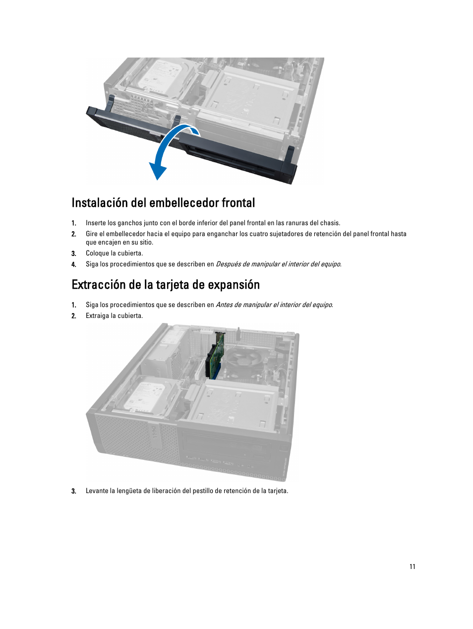 Instalación del embellecedor frontal, Extracción de la tarjeta de expansión | Dell OptiPlex 7010 (Mid 2012) User Manual | Page 11 / 69