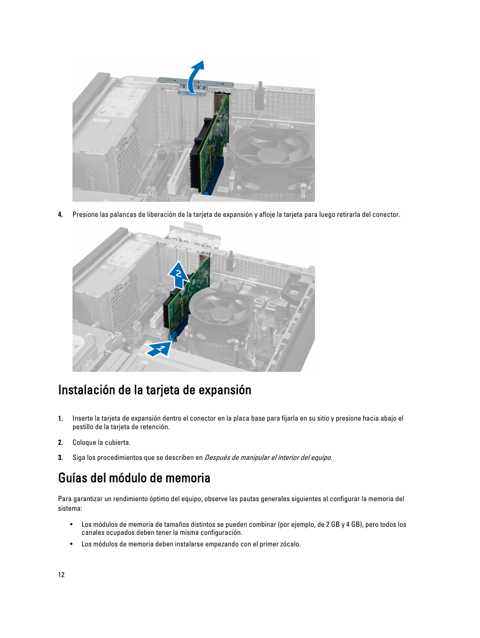 Instalación de la tarjeta de expansión, Guías del módulo de memoria | Dell OptiPlex 7010 (Mid 2012) User Manual | Page 12 / 69