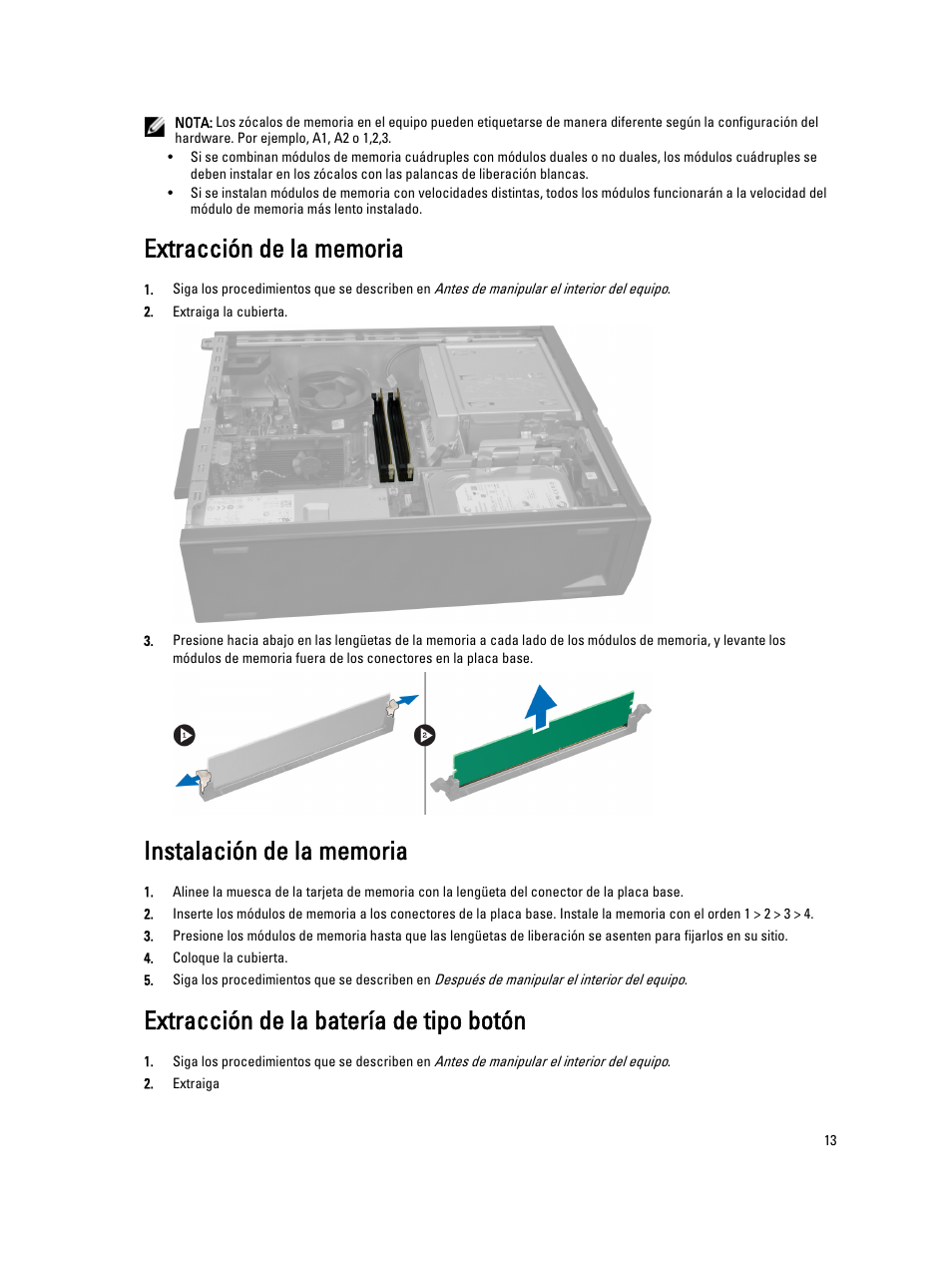 Extracción de la memoria, Instalación de la memoria, Extracción de la batería de tipo botón | Dell OptiPlex 7010 (Mid 2012) User Manual | Page 13 / 69