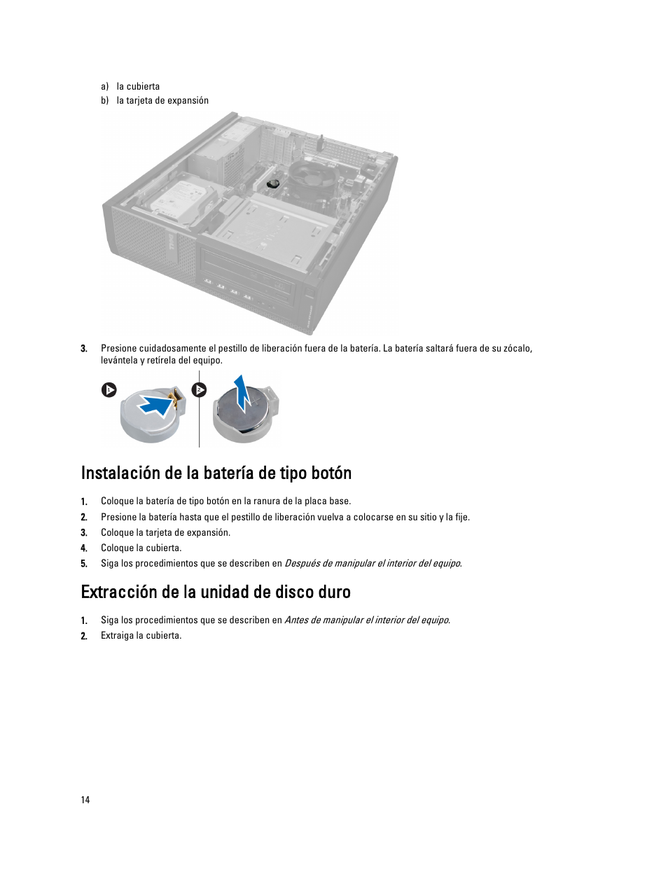 Instalación de la batería de tipo botón, Extracción de la unidad de disco duro | Dell OptiPlex 7010 (Mid 2012) User Manual | Page 14 / 69