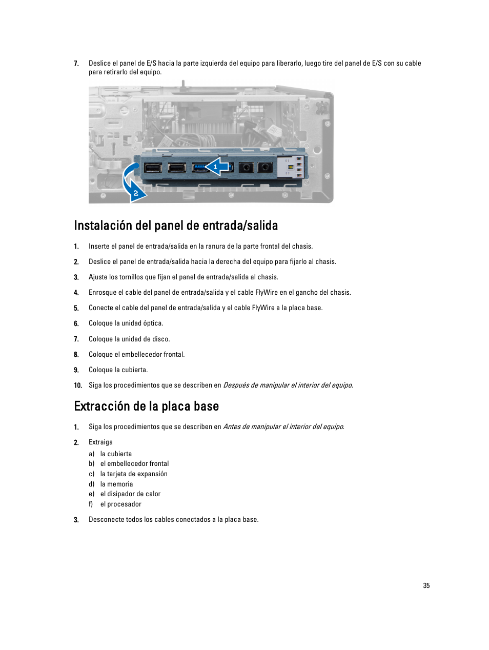 Instalación del panel de entrada/salida, Extracción de la placa base | Dell OptiPlex 7010 (Mid 2012) User Manual | Page 35 / 69