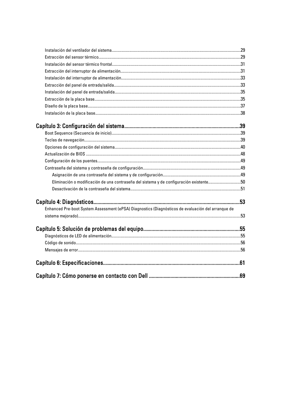 Capítulo 3: configuración del sistema, Capítulo 4: diagnósticos, Capítulo 5: solución de problemas del equipo | Dell OptiPlex 7010 (Mid 2012) User Manual | Page 4 / 69