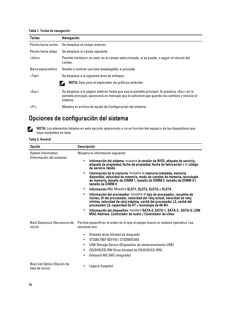 Opciones de configuración del sistema | Dell OptiPlex 7010 (Mid 2012) User Manual | Page 40 / 69