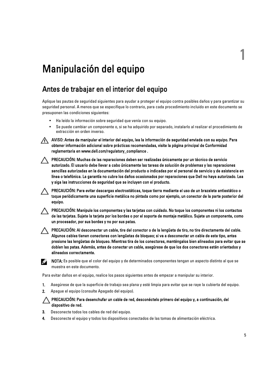 Manipulación del equipo, Antes de trabajar en el interior del equipo, Capítulo 1: manipulación del equipo | Dell OptiPlex 7010 (Mid 2012) User Manual | Page 5 / 69