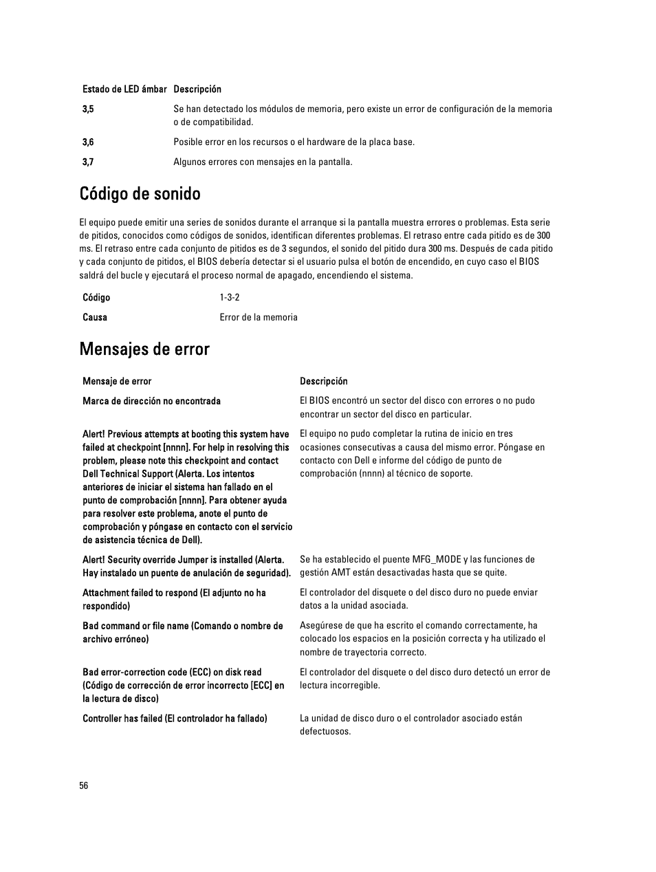 Código de sonido, Mensajes de error | Dell OptiPlex 7010 (Mid 2012) User Manual | Page 56 / 69