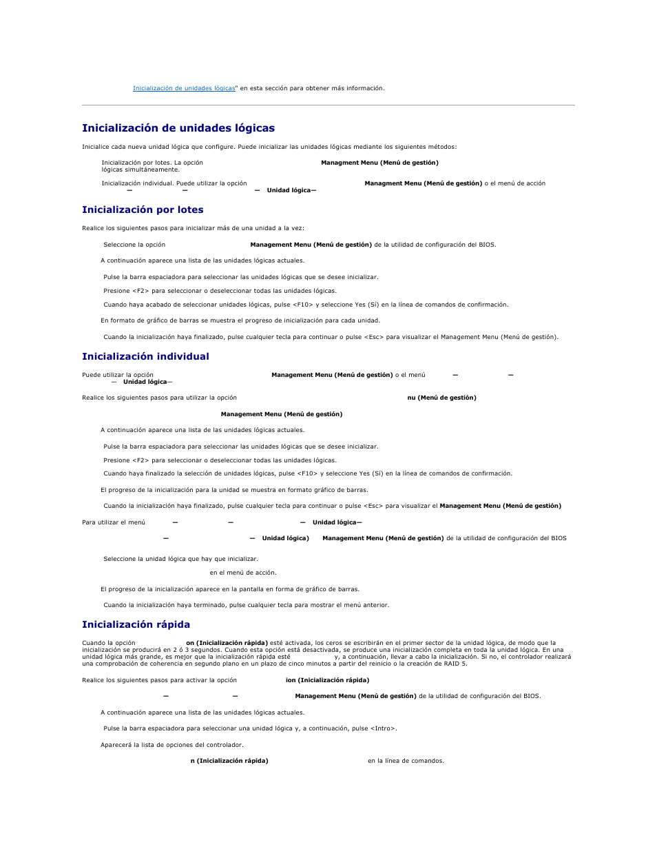 Inicialización de unidades lógicas, Consulte, En esta sección para obtener más información | Inicialización por lotes, Inicialización individual, Inicialización rápida | Dell PERC 4E/DC User Manual | Page 10 / 112