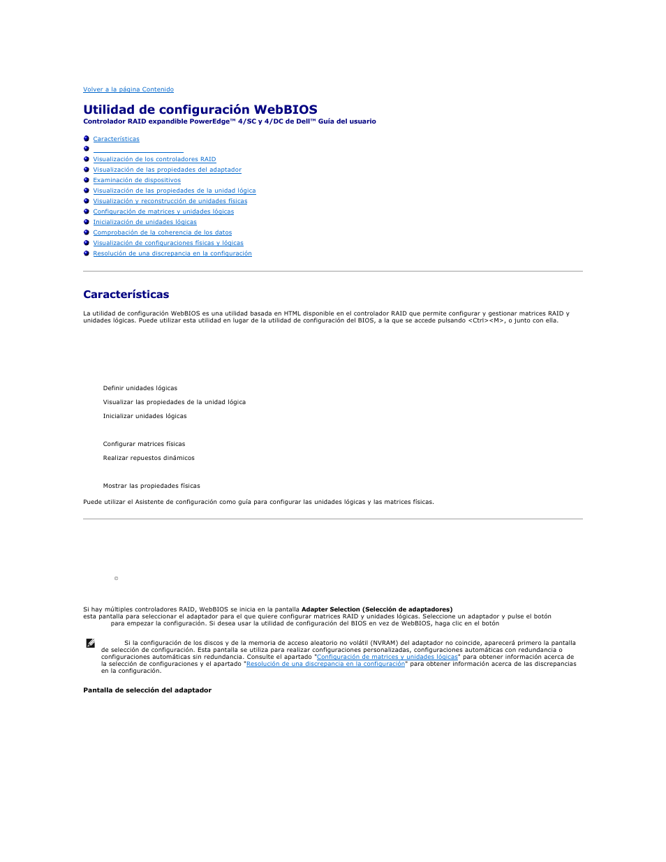 Utilidad de configuración webbios, Características, Inicio de la utilidad webbios | Dell PERC 4E/DC User Manual | Page 103 / 112