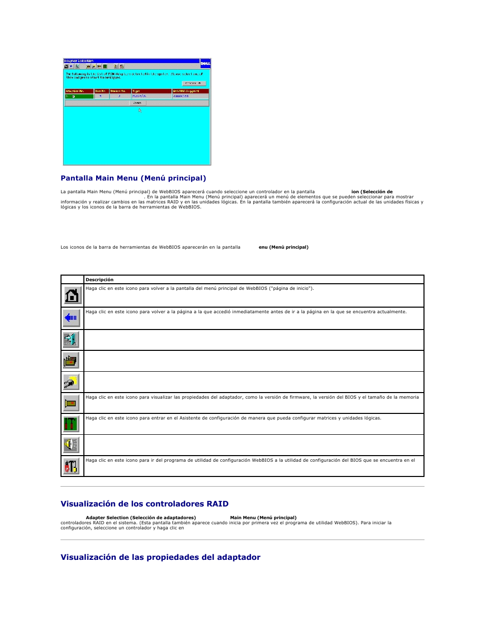 Visualización de los controladores raid, Visualización de las propiedades del adaptador, Pantalla main menu (menú principal) | Iconos de la barra de herramientas webbios | Dell PERC 4E/DC User Manual | Page 104 / 112