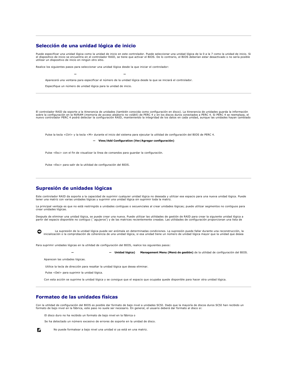 Selección de una unidad lógica de inicio, Itinerancia de unidades, Supresión de unidades lógicas | Formateo de las unidades físicas | Dell PERC 4E/DC User Manual | Page 11 / 112