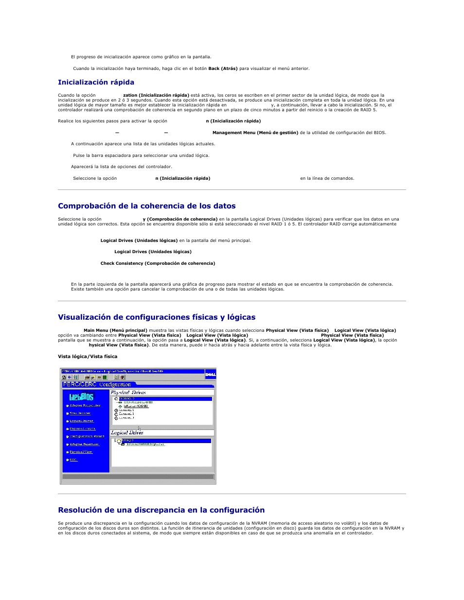 Comprobación de la coherencia de los datos, Visualización de configuraciones físicas y lógicas, Resolución de una discrepancia en la configuración | La selección de configuraciones y el apartado, Inicialización rápida | Dell PERC 4E/DC User Manual | Page 111 / 112