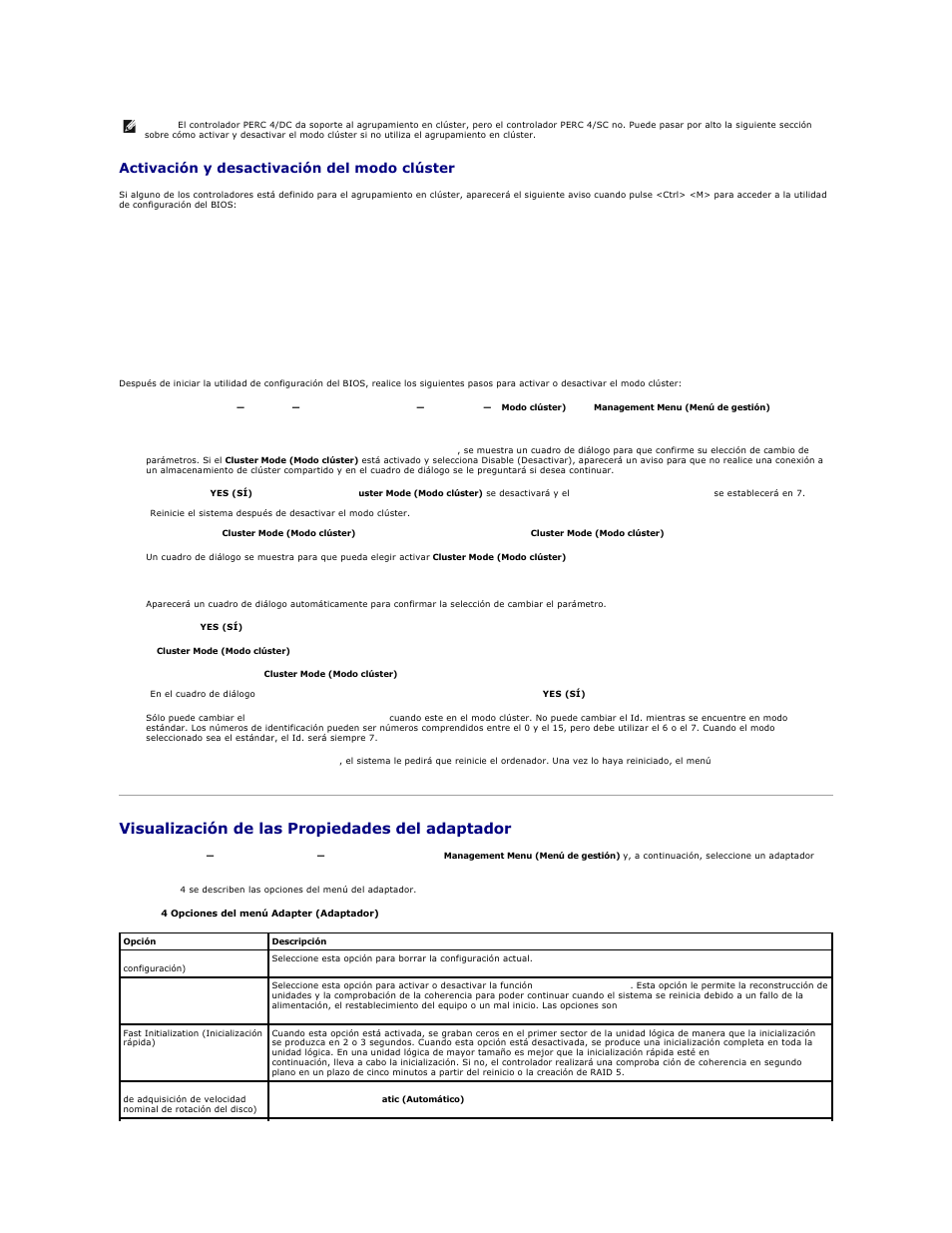 Visualización de las propiedades del adaptador, Activación y desactivación del modo clúster | Dell PERC 4E/DC User Manual | Page 16 / 112