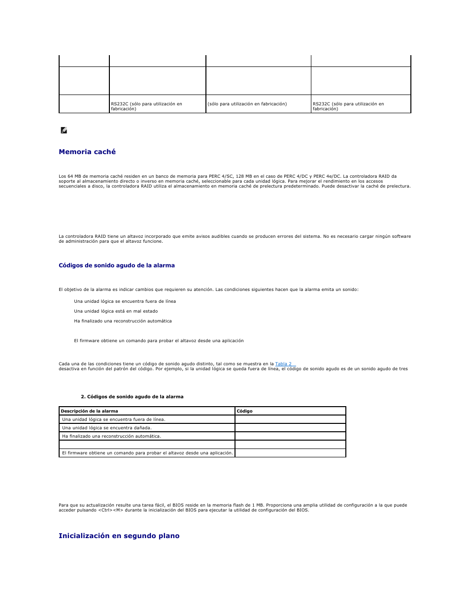 Altavoz incorporado, Bios, Inicialización en segundo plano | Dell PERC 4E/DC User Manual | Page 20 / 112