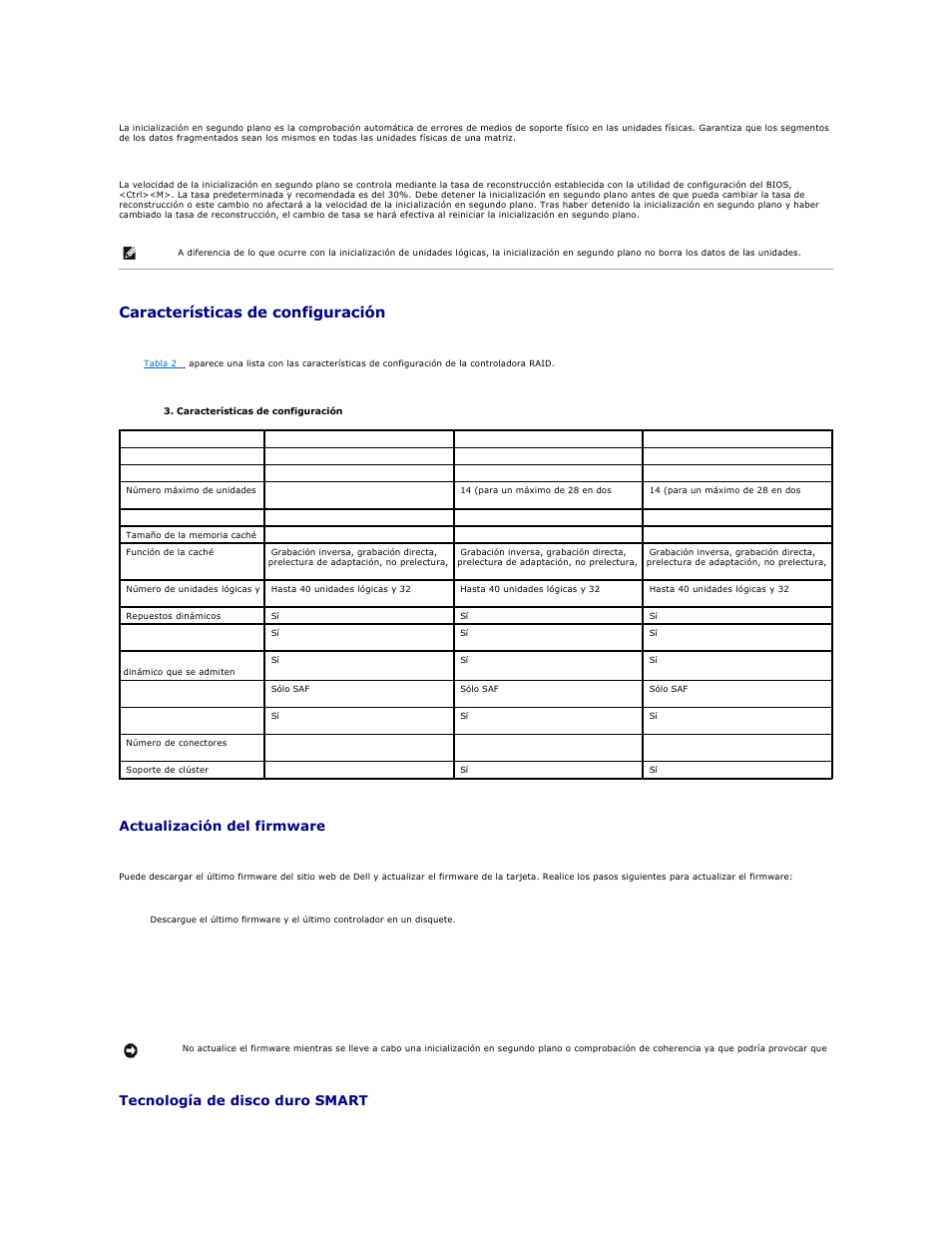 Características de configuración, Actualización del firmware, Tecnología de disco duro smart | Dell PERC 4E/DC User Manual | Page 21 / 112