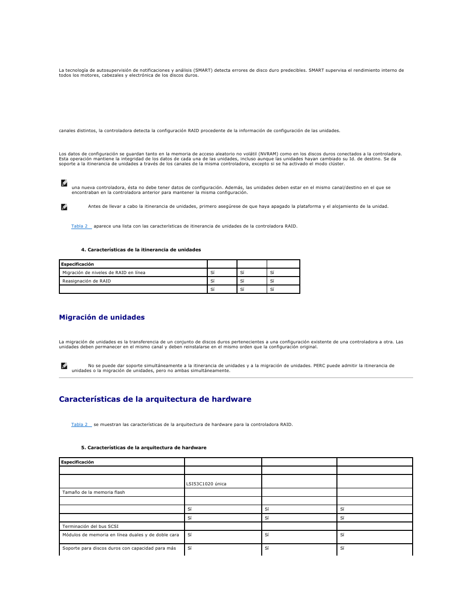 Características de la arquitectura de hardware, Itinerancia de unidades, Migración de unidades | Dell PERC 4E/DC User Manual | Page 22 / 112