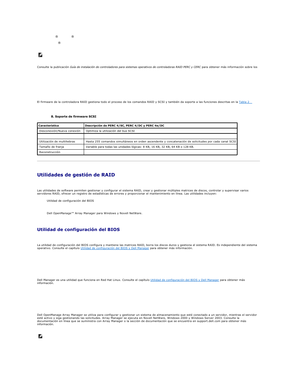 Utilidades de gestión de raid, Firmware scsi, Utilidad de configuración del bios | Dell manager, Dell openmanage array manager | Dell PERC 4E/DC User Manual | Page 24 / 112