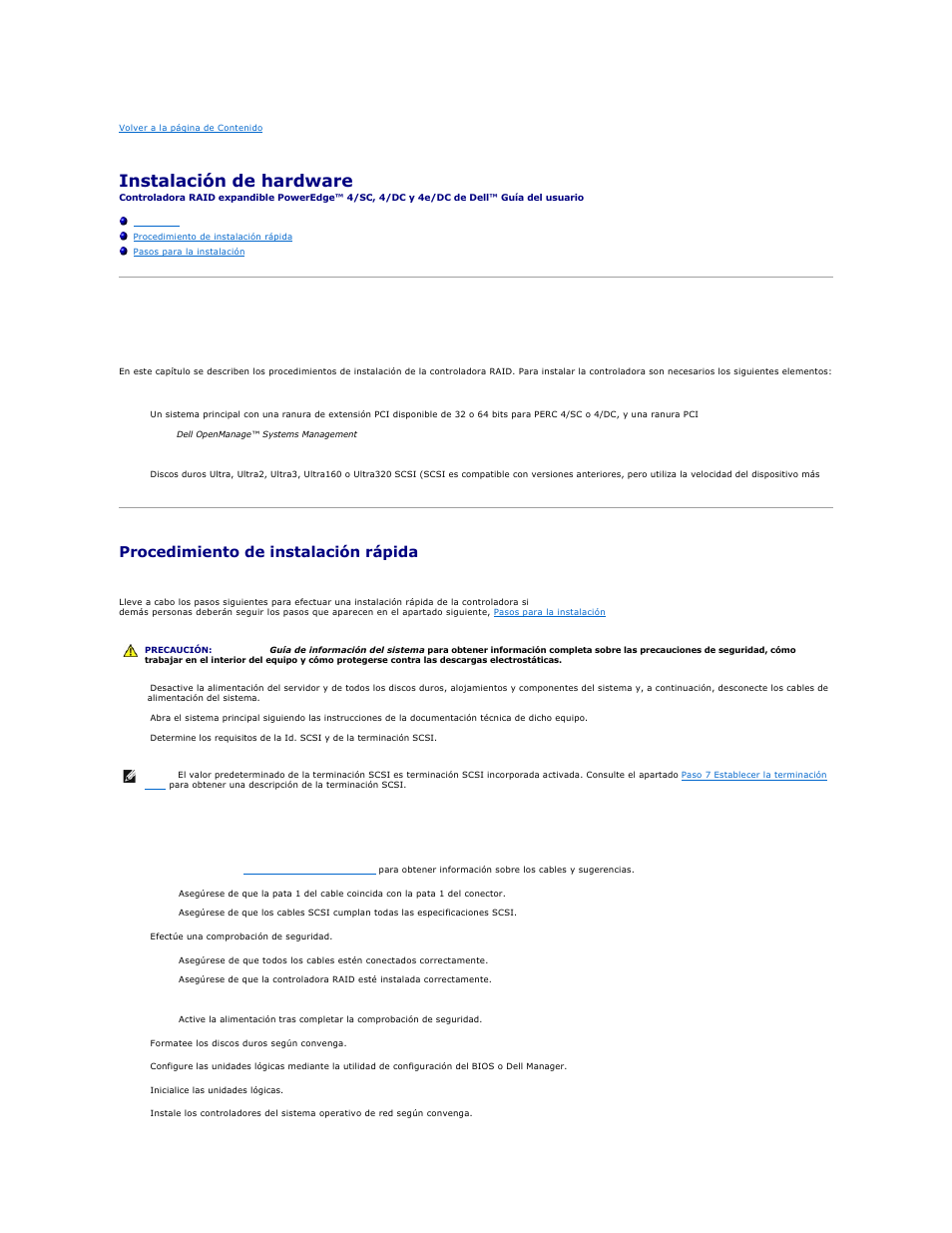 Instalación de hardware, Requisitos, Procedimiento de instalación rápida | Dell PERC 4E/DC User Manual | Page 26 / 112