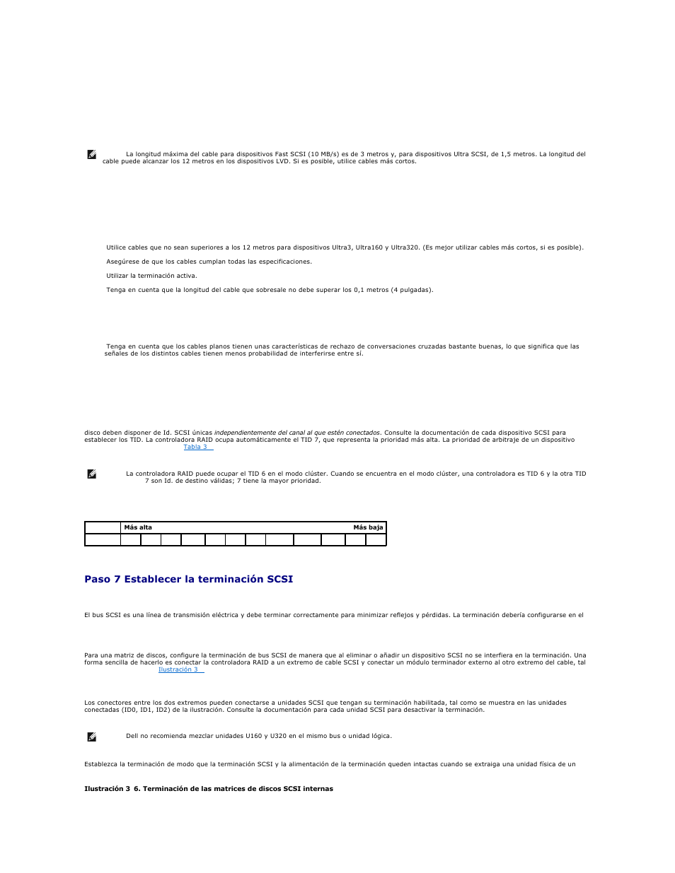 Consulte el apartado, Sugerencias acerca de cables, Nota | Paso 7 establecer la terminación, Scsi, Paso 6 establecer las id. de destino, Paso 7 establecer la terminación scsi | Dell PERC 4E/DC User Manual | Page 32 / 112