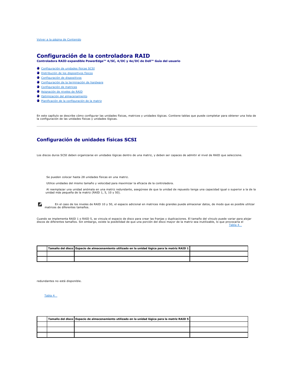 Configuración de la controladora raid, Configuración de unidades físicas scsi | Dell PERC 4E/DC User Manual | Page 36 / 112