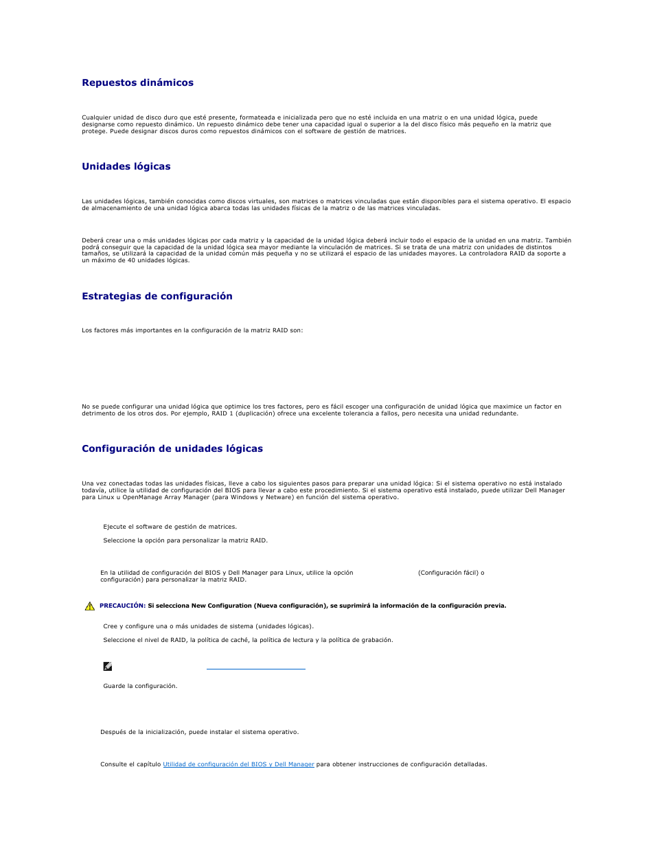 Repuestos dinámicos, Unidades lógicas, Estrategias de configuración | Configuración de unidades lógicas | Dell PERC 4E/DC User Manual | Page 40 / 112