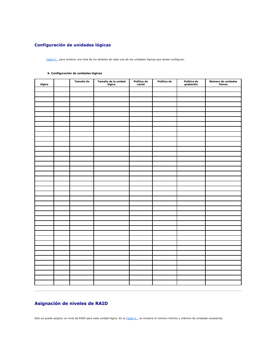 Asignación de niveles de raid, Tabla 4, Del apartado | Asignación de, Niveles de raid, Configuración de unidades lógicas | Dell PERC 4E/DC User Manual | Page 41 / 112