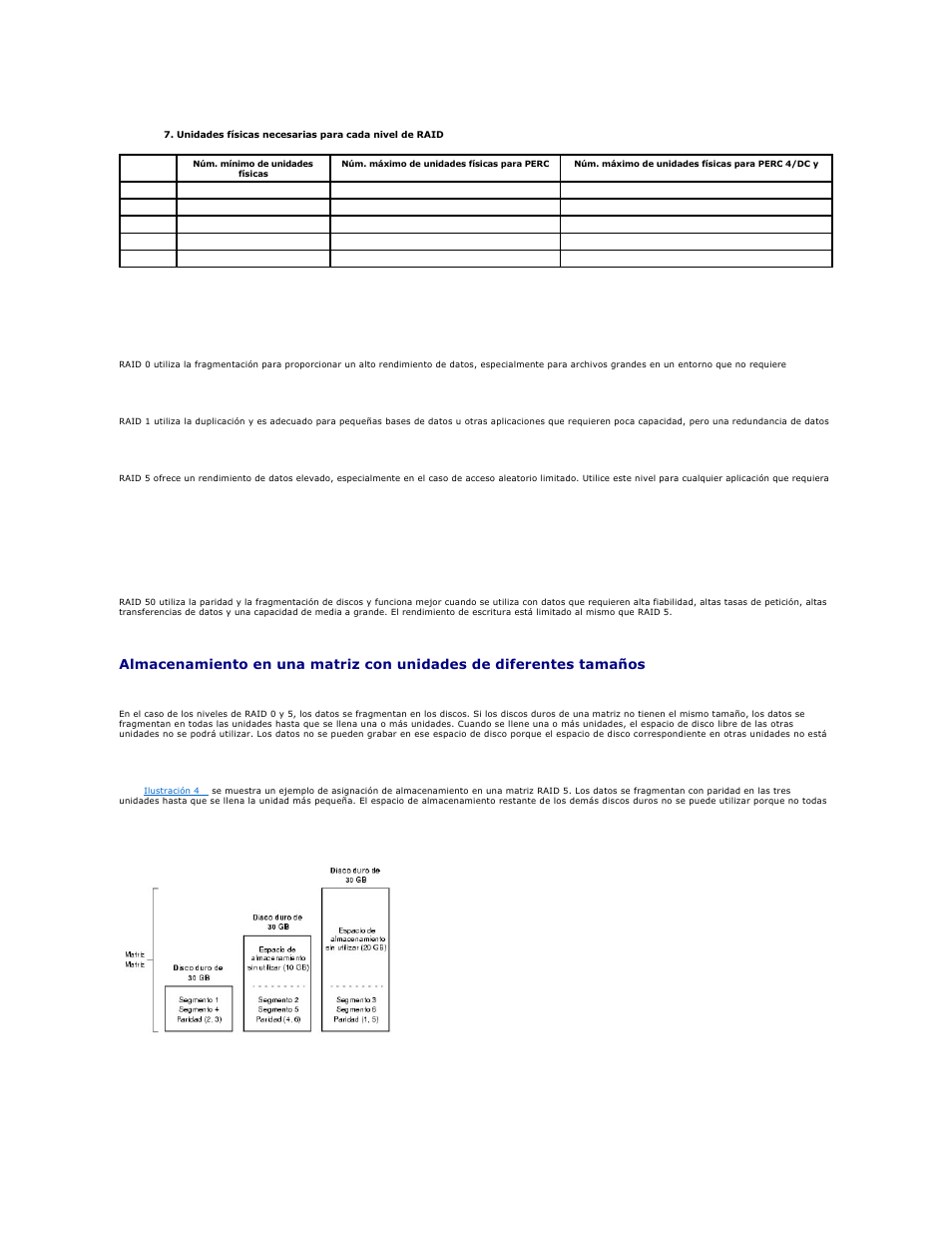 Tabla 4, Resumen de los niveles de raid, Almacenamiento en matrices raid 10 y raid 50 | Dell PERC 4E/DC User Manual | Page 42 / 112