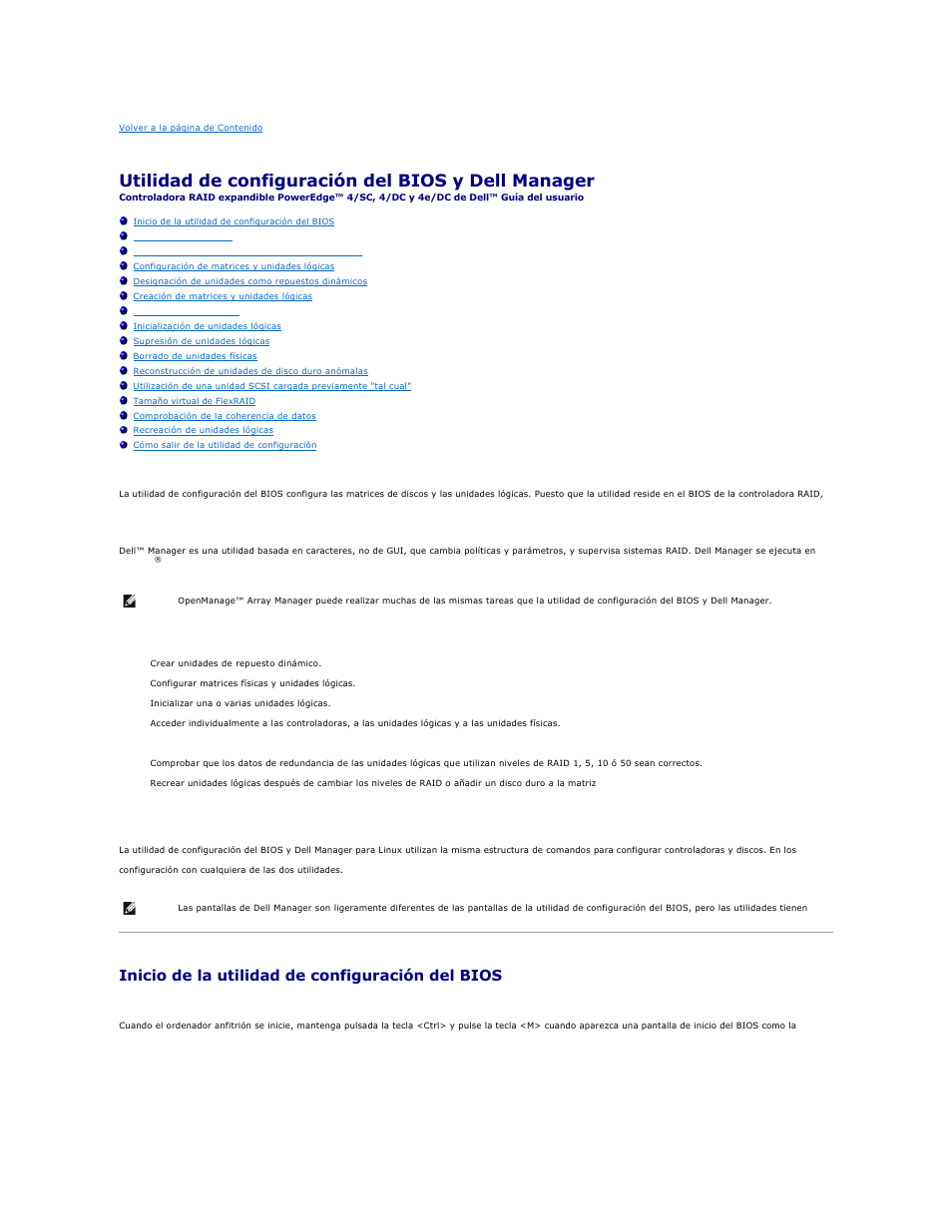 Utilidad de configuración del bios y dell manager, Inicio de la utilidad de configuración del bios | Dell PERC 4E/DC User Manual | Page 45 / 112