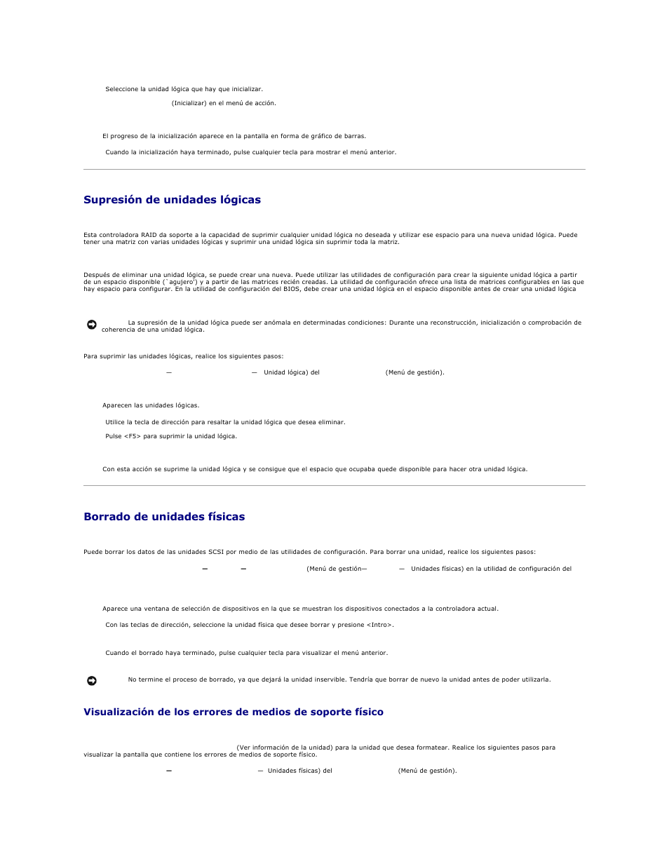 Supresión de unidades lógicas, Borrado de unidades físicas | Dell PERC 4E/DC User Manual | Page 54 / 112