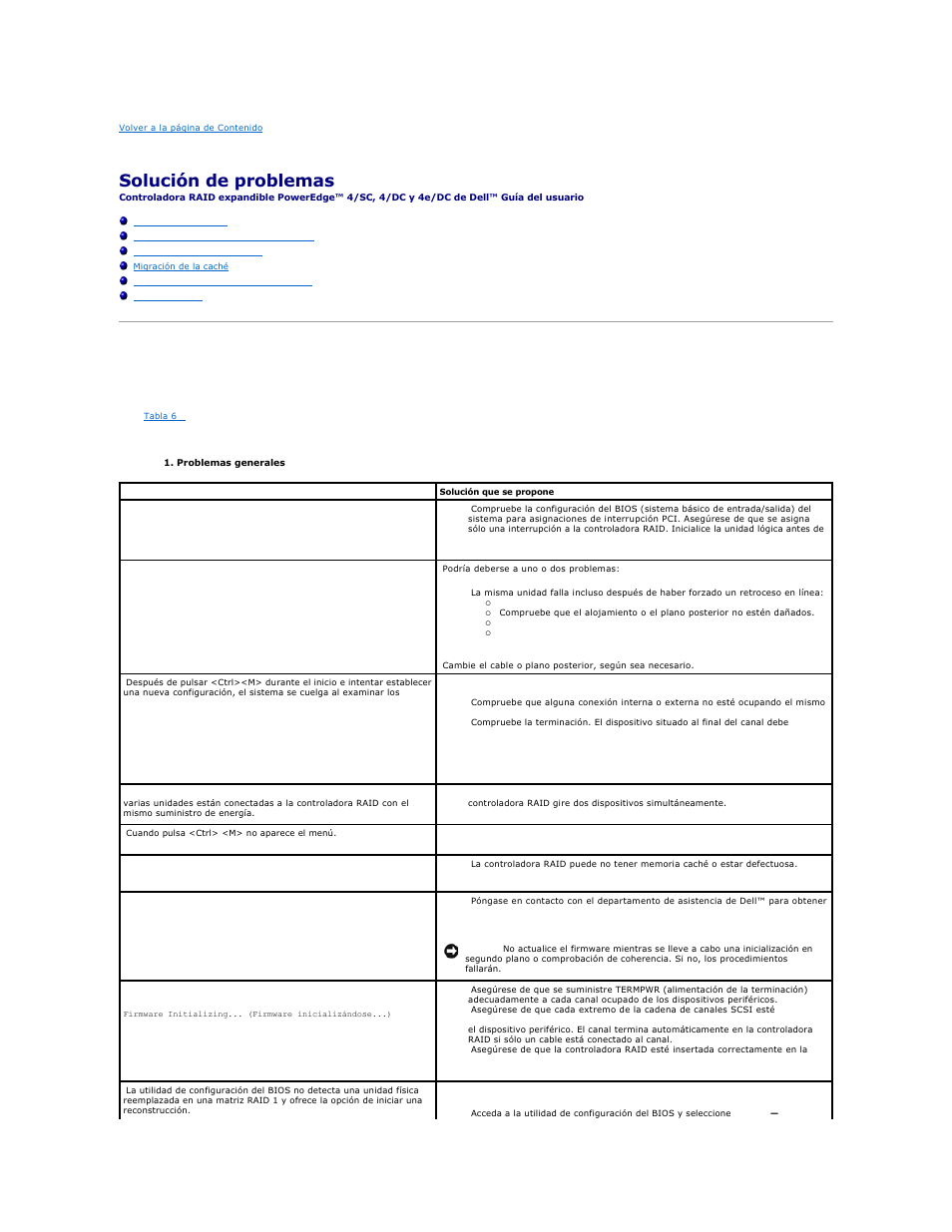 Solución de problemas, Problemas generales | Dell PERC 4E/DC User Manual | Page 59 / 112