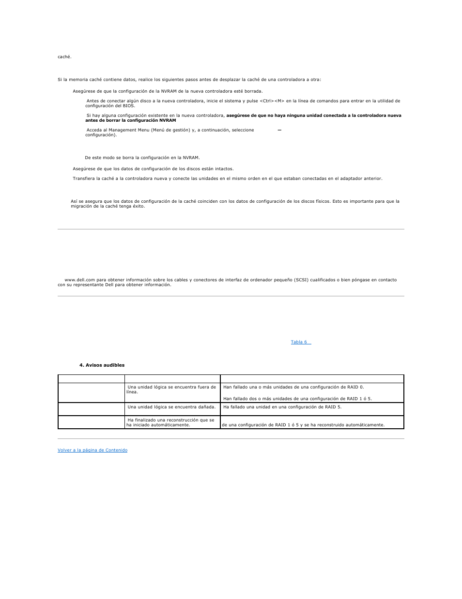Problemas del cable y del conector scsi, Avisos audibles | Dell PERC 4E/DC User Manual | Page 62 / 112