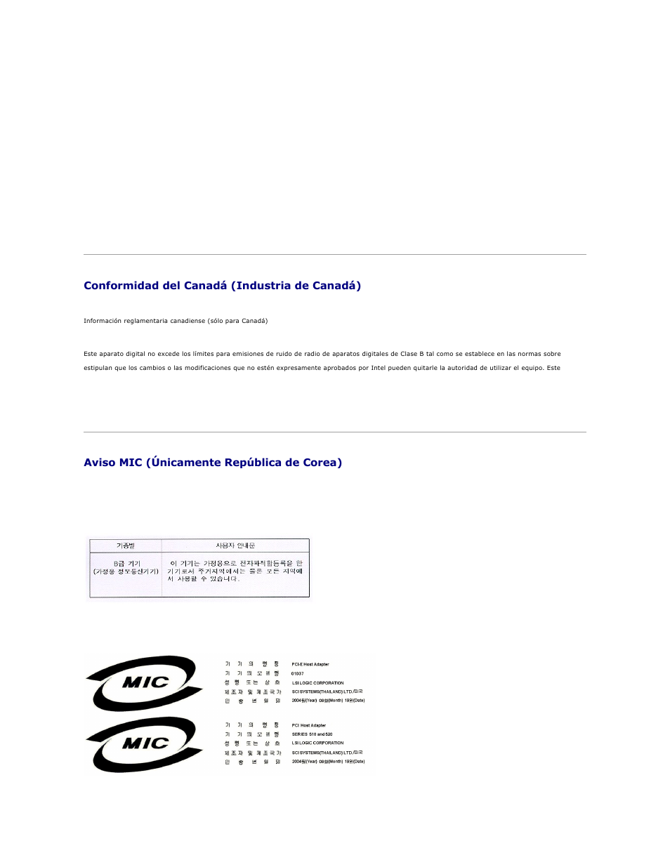 Conformidad del canadá (industria de canadá), Aviso mic (únicamente república de corea), Dispositivo de clase b | Dell PERC 4E/DC User Manual | Page 64 / 112