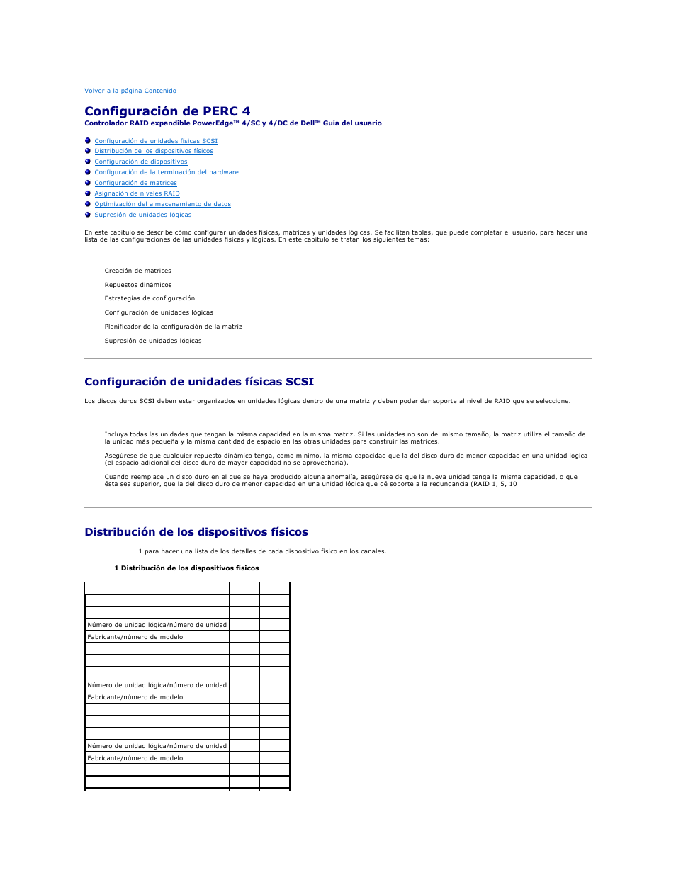 Configuración de perc 4, Configuración de unidades físicas scsi, Distribución de los dispositivos físicos | Dell PERC 4E/DC User Manual | Page 66 / 112